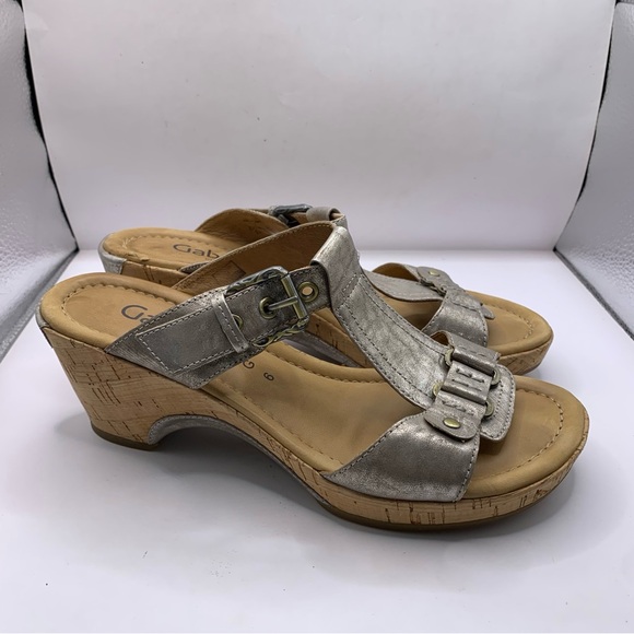Gabor Shoes - Gabor taupe Leather Patent Sandals size UK 6 US 8 slip on wedge heel